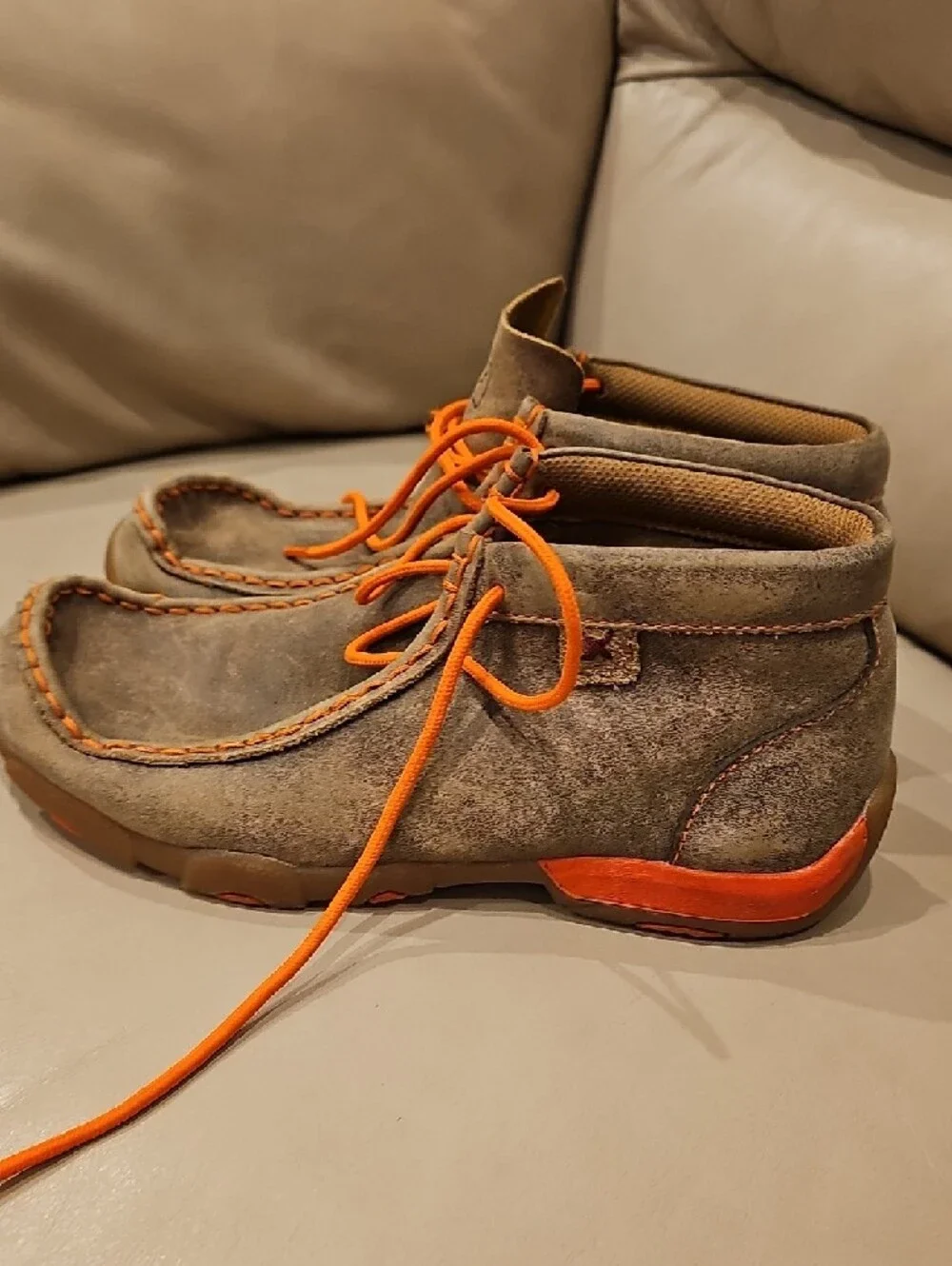 Twisted X Brown Suede Kids Moccasins with Orange Laces